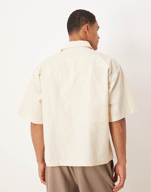ASOS DESIGN Boxy Oversized Shirt With Flower Print In Beige
