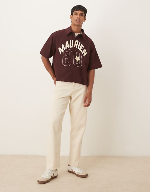 ASOS DESIGN Boxy Oversized Shirt With Front Print In Burgundy