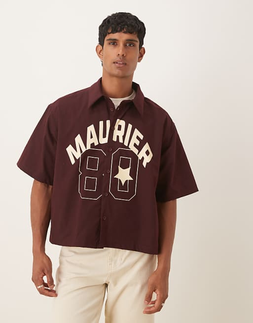 ASOS DESIGN boxy oversized shirt with front print in burgundy