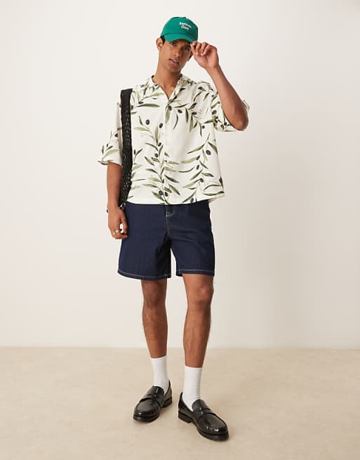 ASOS DESIGN Boxy Oversized Shirt With Leaf Print In White And Green