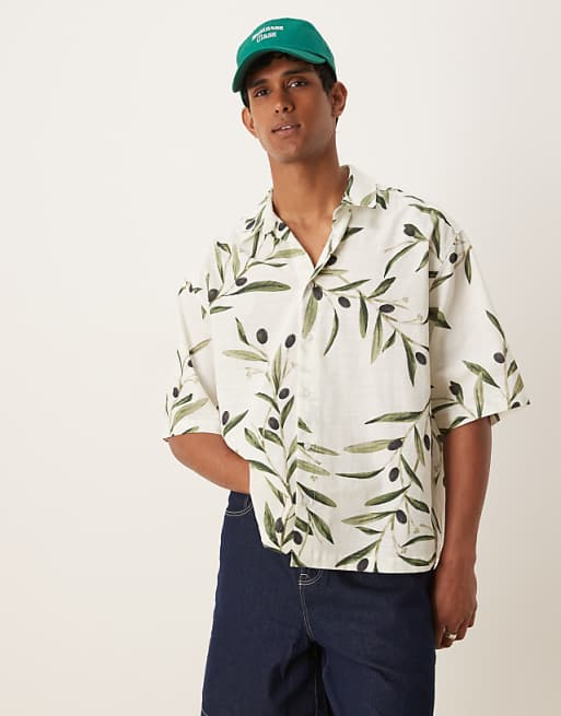 ASOS DESIGN Boxy Oversized Shirt With Leaf Print In White And Green