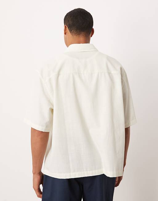 ASOS DESIGN Boxy Oversized Shirt With Placement Print In Beige