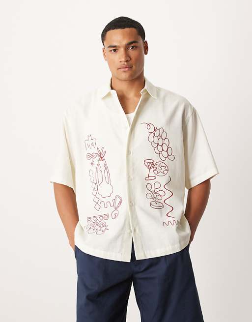 ASOS DESIGN boxy oversized shirt with placement print in beige
