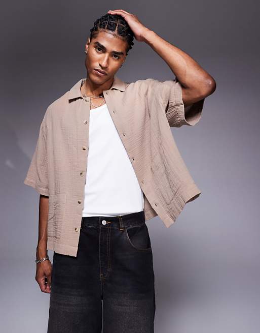 ASOS DESIGN boxy oversized shirt with pockets in brown