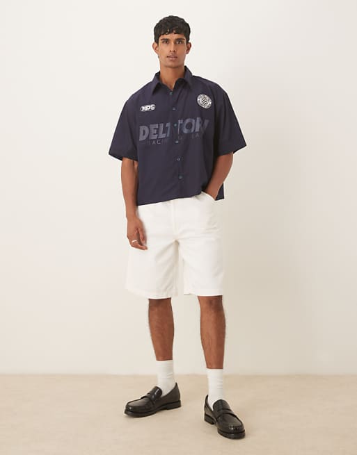 ASOS DESIGN Boxy Oversized Shirt With Sport Print In Navy