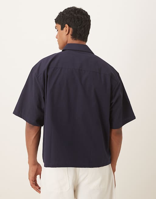 ASOS DESIGN Boxy Oversized Shirt With Sport Print In Navy
