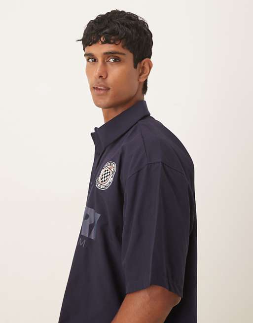 ASOS DESIGN Boxy Oversized Shirt With Sport Print In Navy