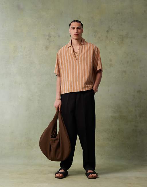 ASOS DESIGN Boxy Oversized Shirt With Vertical Stripe In Brown