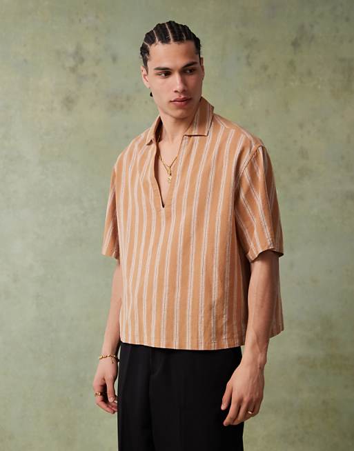 ASOS DESIGN boxy oversized shirt with vertical stripe in brown