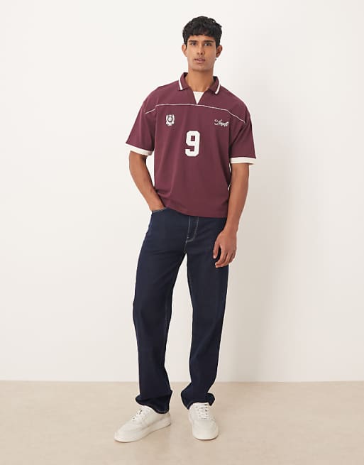 ASOS DESIGN Boxy Oversized Sports Polo With Piping Detail In Burgundy