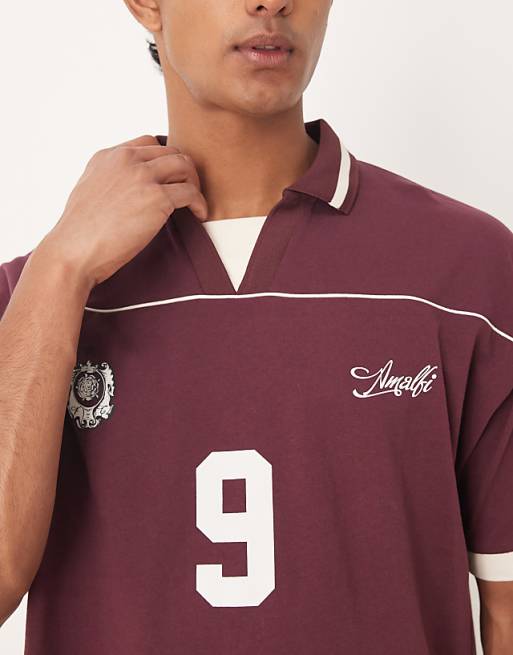 ASOS DESIGN Boxy Oversized Sports Polo With Piping Detail In Burgundy