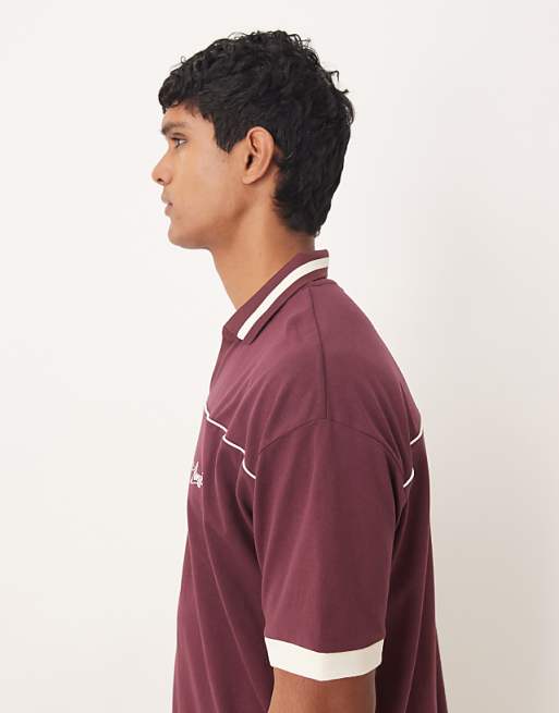 ASOS DESIGN Boxy Oversized Sports Polo With Piping Detail In Burgundy