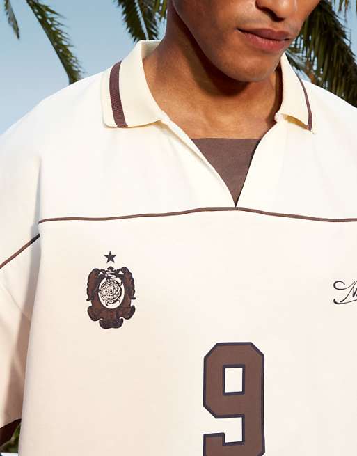 ASOS DESIGN Boxy Oversized Sports Polo With Piping Detail In Cream