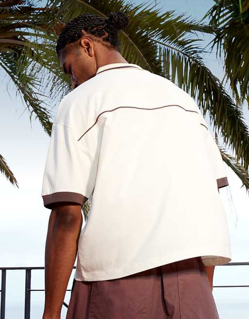 ASOS DESIGN Boxy Oversized Sports Polo With Piping Detail In Cream