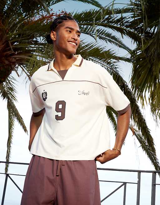 ASOS DESIGN boxy oversized sports polo with piping detail in cream
