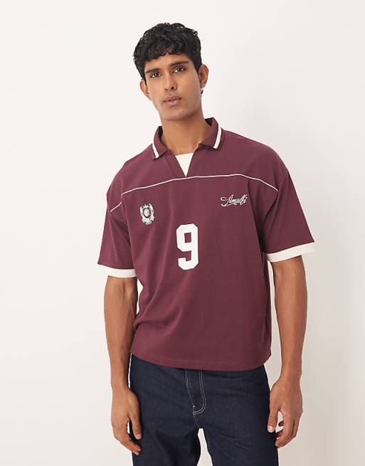 ASOS DESIGN boxy oversized sports polo with piping detail in burgundy ASOS DESIGN boxy oversized sports polo with piping detail in burgundy