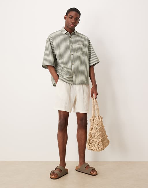 ASOS DESIGN Boxy Oversized Stripe Shirt With Chest Embroidery In Green
