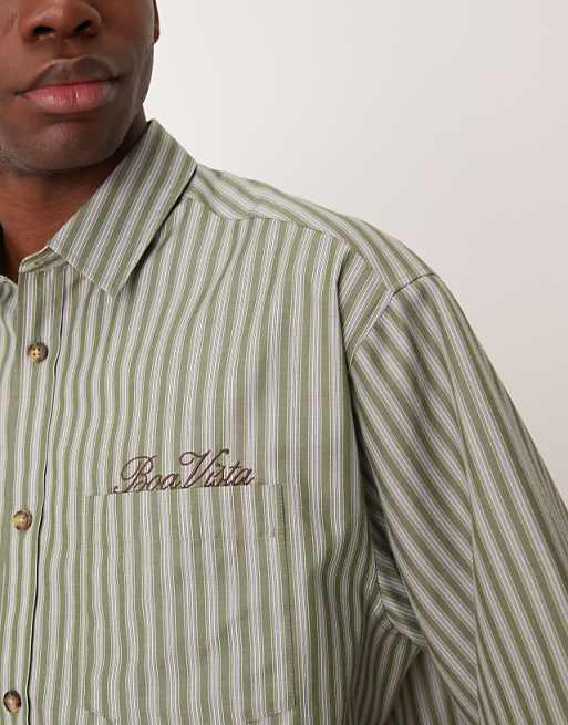 ASOS DESIGN Boxy Oversized Stripe Shirt With Chest Embroidery In Green