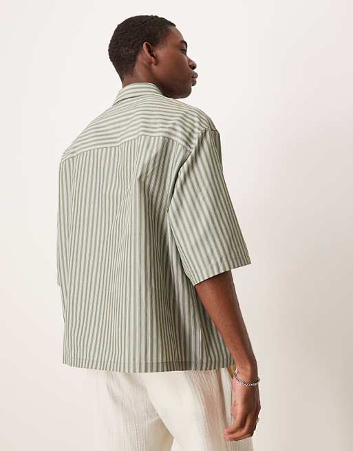 ASOS DESIGN Boxy Oversized Stripe Shirt With Chest Embroidery In Green