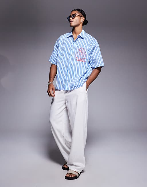 ASOS DESIGN Boxy Oversized Stripe Shirt With Chest Embroidery In Blue