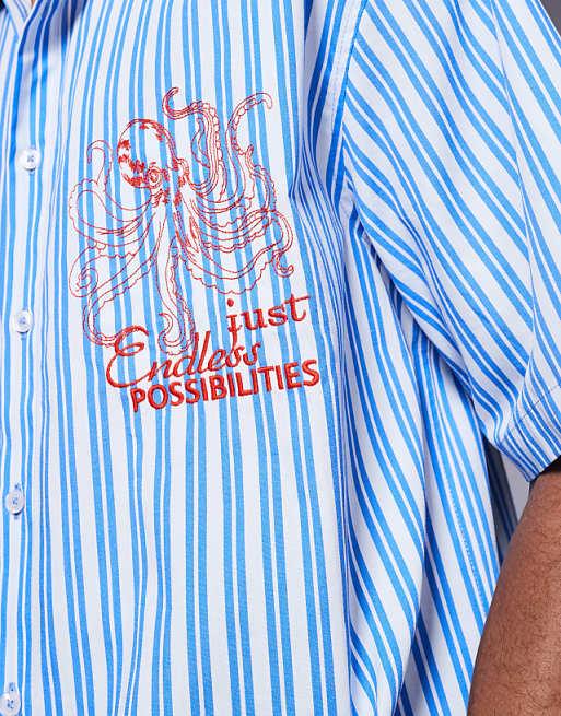 ASOS DESIGN Boxy Oversized Stripe Shirt With Chest Embroidery In Blue