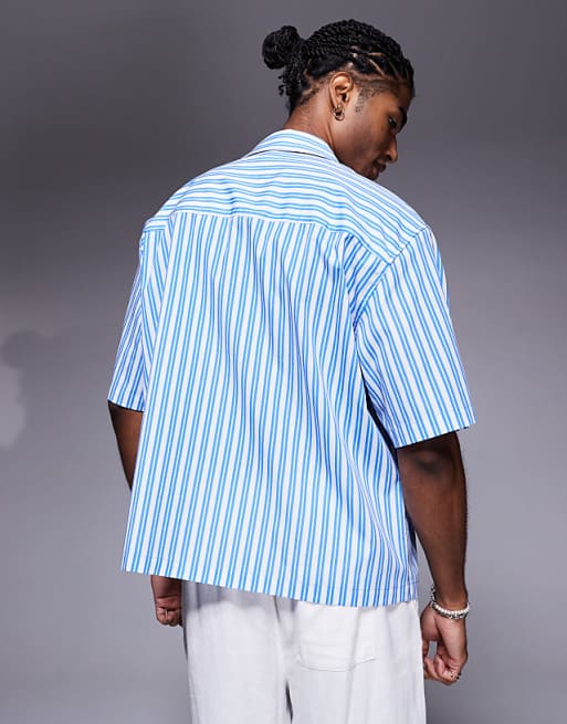 ASOS DESIGN Boxy Oversized Stripe Shirt With Chest Embroidery In Blue