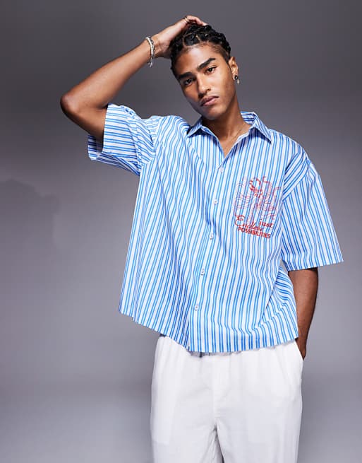 ASOS DESIGN boxy oversized stripe shirt with chest embroidery in blue