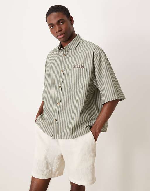 ASOS DESIGN boxy oversized stripe shirt with chest embroidery in green
