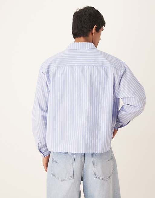 ASOS DESIGN Boxy Oversized Striped Shirt With Embroidery In Blue