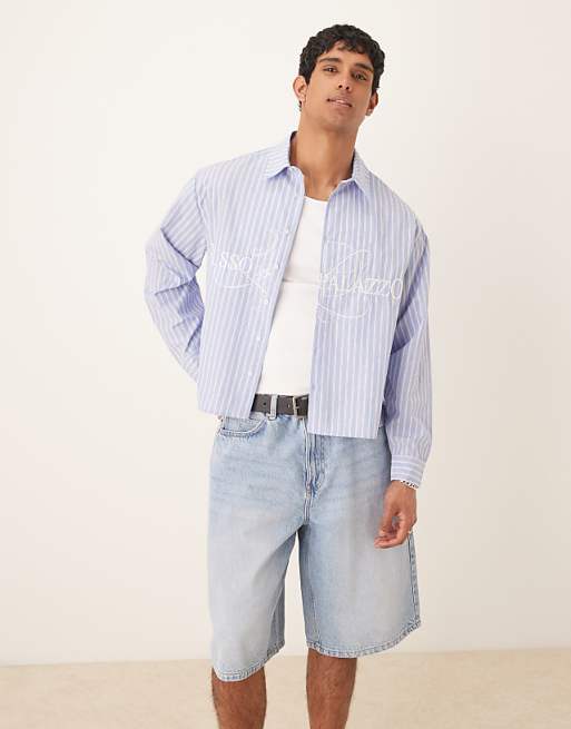 ASOS DESIGN boxy oversized striped shirt with embroidery in blue