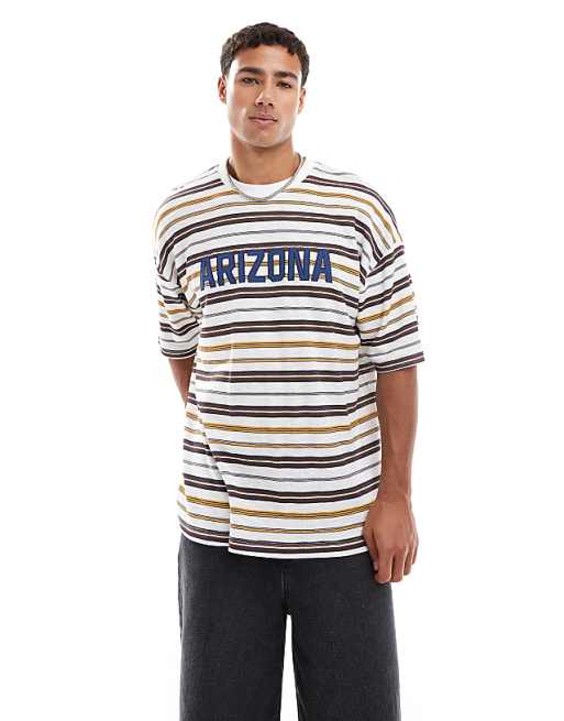 ASOS DESIGN Boxy Oversized Striped T-shirt With Chest Applique In White And Brown