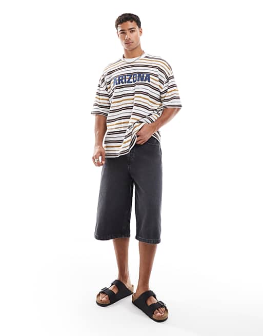 ASOS DESIGN Boxy Oversized Striped T-shirt With Chest Applique In White And Brown