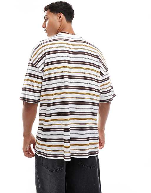 ASOS DESIGN Boxy Oversized Striped T-shirt With Chest Applique In White And Brown