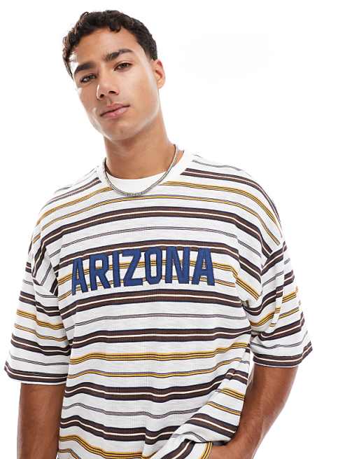 ASOS DESIGN boxy oversized striped t-shirt with chest applique in white and brown