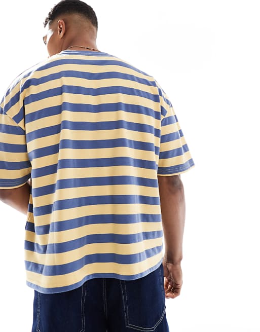 ASOS DESIGN Boxy Oversized Striped T-shirt With Front Graphic In Sand And Blue