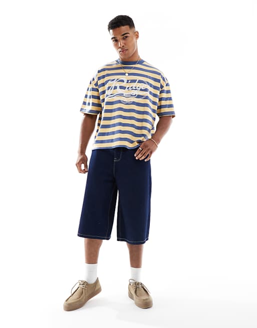 ASOS DESIGN Boxy Oversized Striped T-shirt With Front Graphic In Sand And Blue