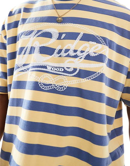 ASOS DESIGN Boxy Oversized Striped T-shirt With Front Graphic In Sand And Blue