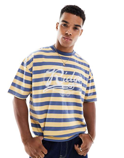 ASOS DESIGN boxy oversized striped t-shirt with front graphic in sand and blue