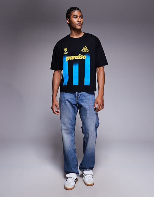 ASOS DESIGN Boxy Oversized Striped T-shirt With Sports Graphic In Black