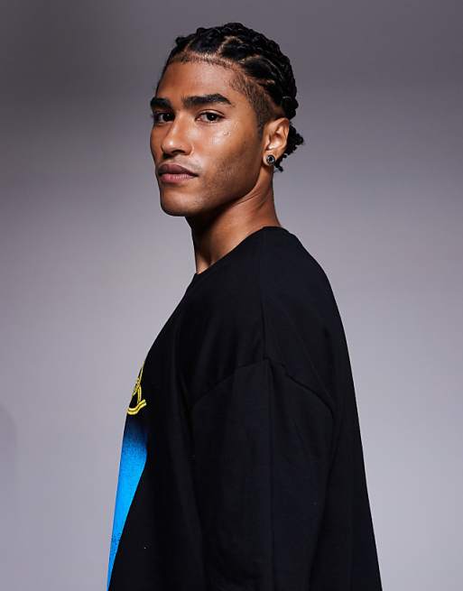 ASOS DESIGN Boxy Oversized Striped T-shirt With Sports Graphic In Black