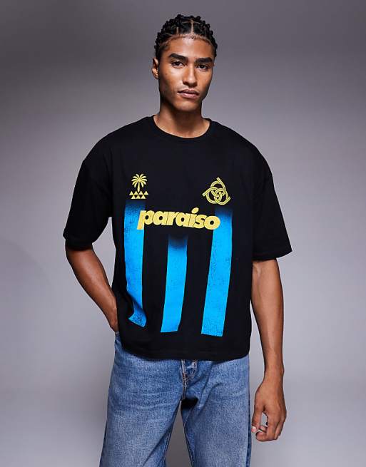 ASOS DESIGN boxy oversized striped t-shirt with sports graphic in black