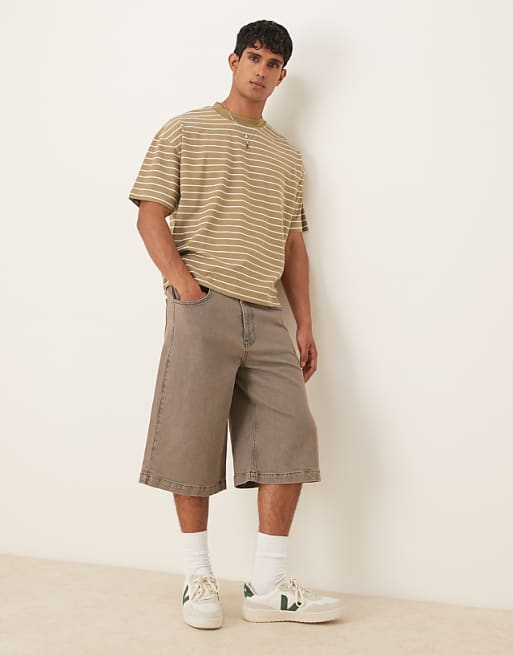 ASOS DESIGN Boxy Oversized T-shirt In Textured Khaki Stripe