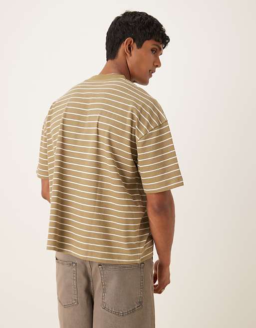 ASOS DESIGN Boxy Oversized T-shirt In Textured Khaki Stripe