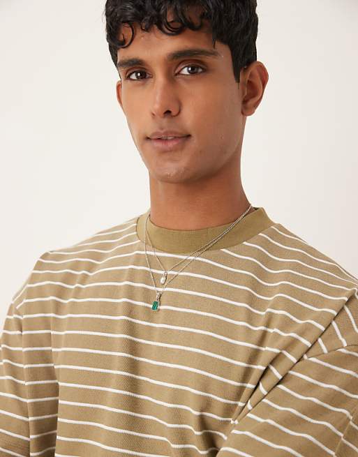 ASOS DESIGN Boxy Oversized T-shirt In Textured Khaki Stripe