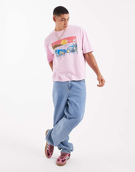 ASOS DESIGN Boxy Oversized T-shirt In Washed Pink On Textured Fabric With Summer Graphic