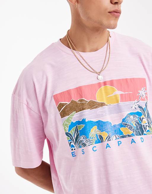 ASOS DESIGN Boxy Oversized T-shirt In Washed Pink On Textured Fabric With Summer Graphic
