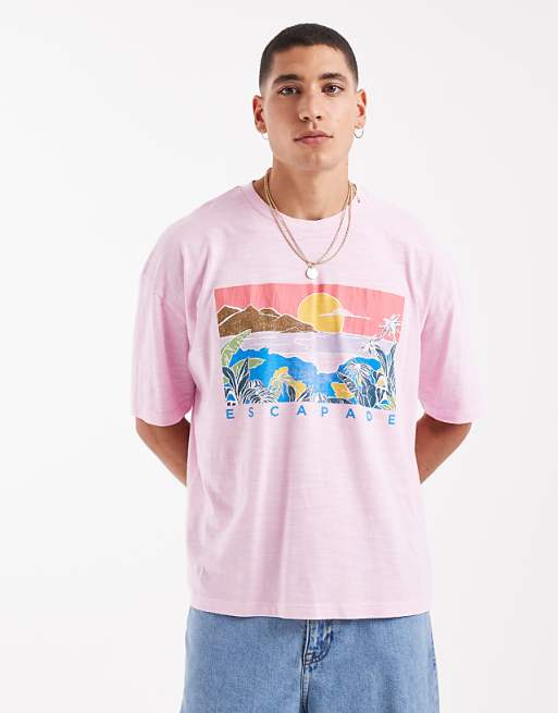 ASOS DESIGN boxy oversized t-shirt in washed pink on textured fabric with summer graphic