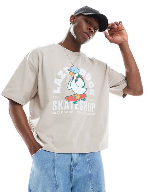 ASOS DESIGN boxy oversized t-shirt in with cartoon graphic in stone
