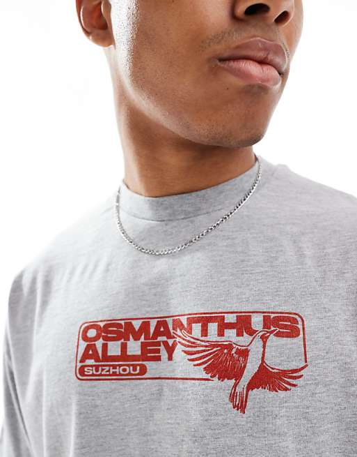 ASOS DESIGN Boxy Oversized T-shirt With Bonsai Graphic In Grey Marl