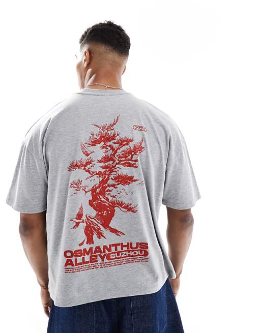 ASOS DESIGN boxy oversized t-shirt with bonsai graphic in grey marl